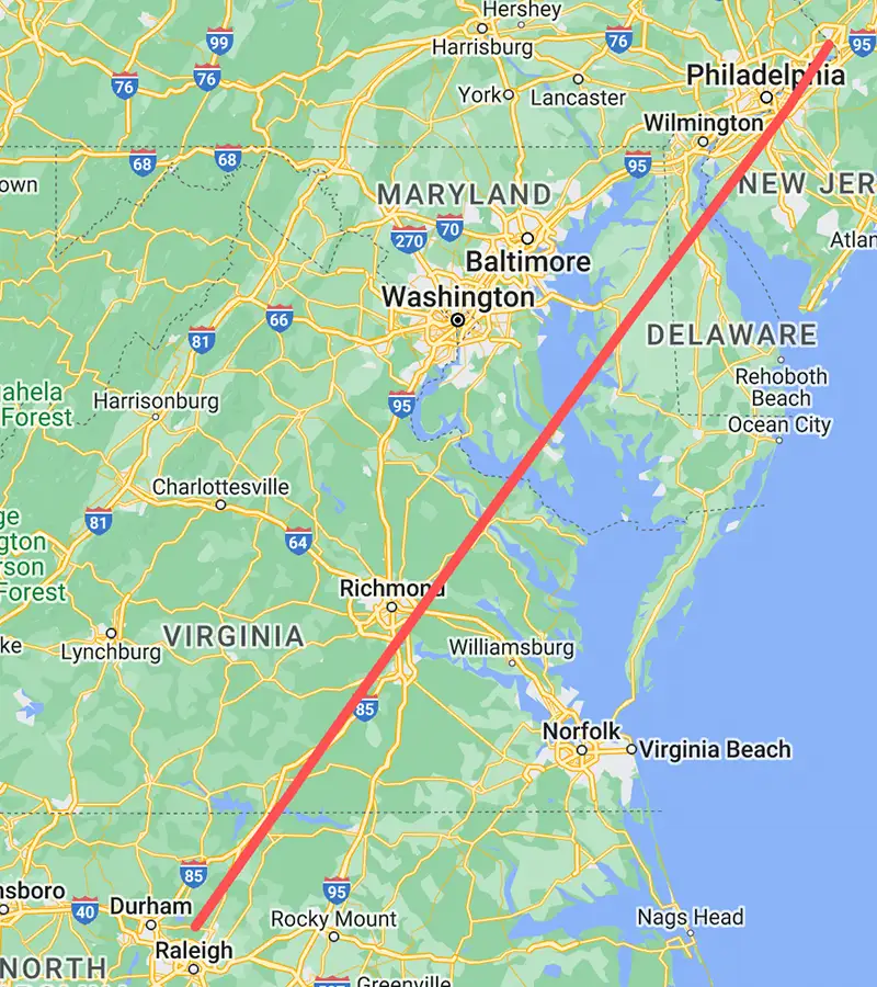 17 October 27 Philadelphia to Raleigh North Carolina Map
